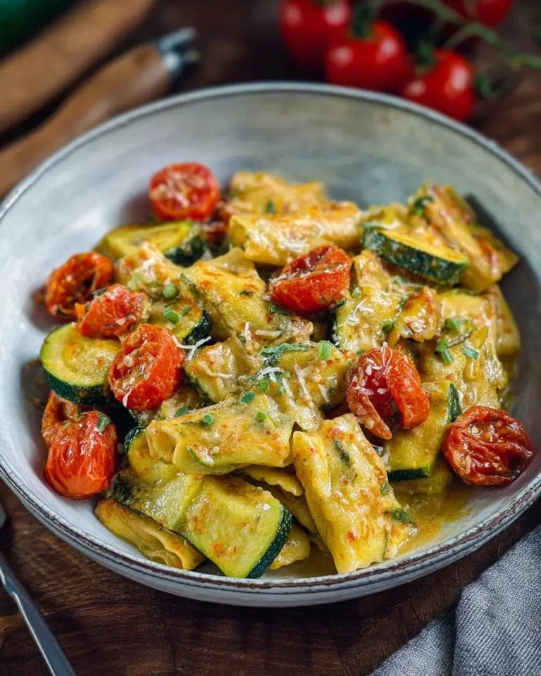 Cremige Maultaschenpfanne mit Zucchini und Tomaten