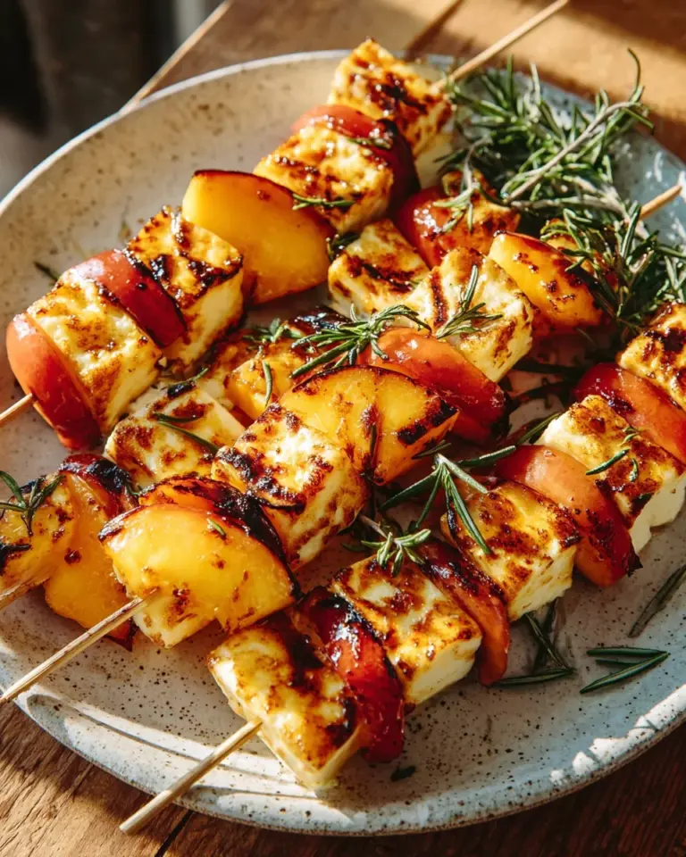 Sonnige Pfirsich-Halloumi-Rosmarin-Spieße vom Grill