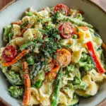 Vegane Pasta Primavera mit cremiger Knoblauch-Cashew-Sauce