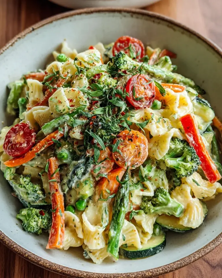 Vegane Pasta Primavera mit cremiger Knoblauch-Cashew-Sauce